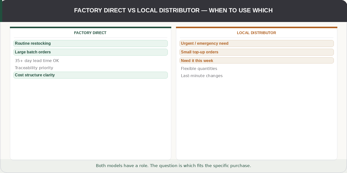 Factory Direct vs Local Distributor — when to use which